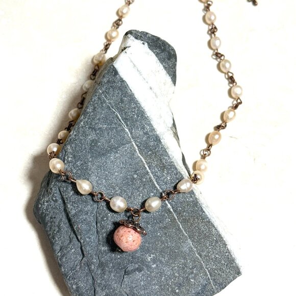 Pale Pink Freshwater Pearl Short Necklace with Cute Coral Pendant, Copper Links - Picture 8 of 16